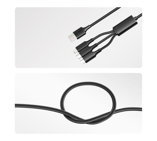 Кабель USB 3в1 Type-С (6А) Lightning (2.4А) micro USB (3А) 1.2м черн. оплетка световая индикация Rexant 18-7075 Кабель USB 3в1 Type-С (6А) Lightning (2.4А) micro USB (3А) 1.2м черн. оплетка световая индикация Rexant 18-7075